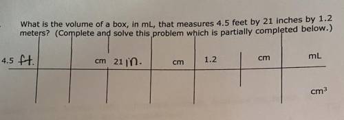 Please help me!

What is the volume of a box, in ml, that measures 4.5 feet by 21 inches by 1.2
me