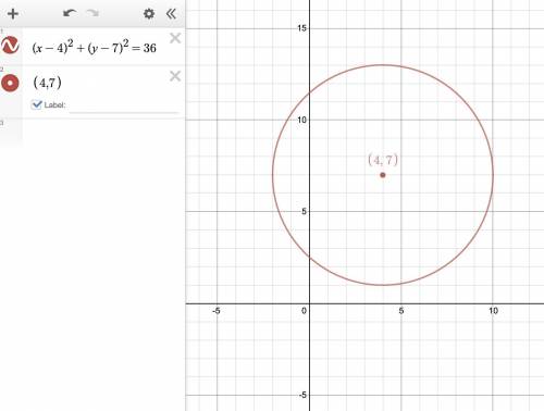Write the equation of a circle that has a diameter of 12 units if its center is at (4,7).

PLZ HELP