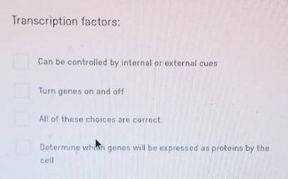Transcription factors: Can be controlled by internal or external cues Turn genes on and off All of