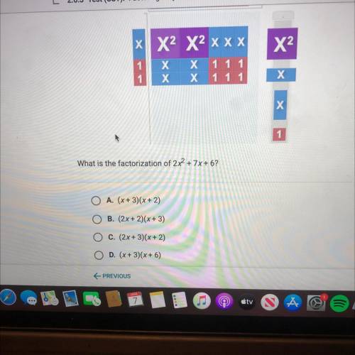 What is the factorization of 2x2 + 7x+6?

A. (x+3)(x + 2)
B. (2x + 2)(x+3)
C. (2x+3)(x+2)
D. (x +