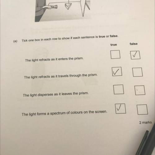 Q6.

Ann shines a ray of white light at a glass prism.
screen
prism
(a)
Tick one box in each row t