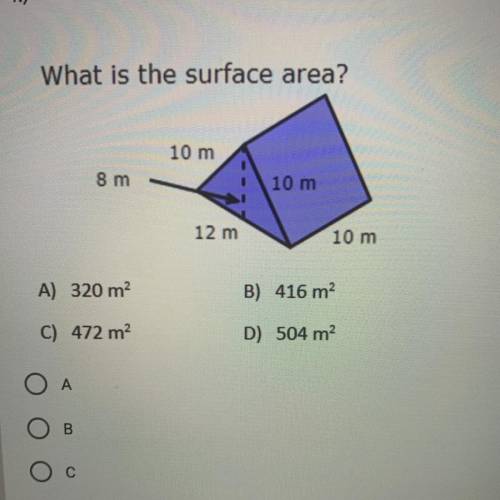 What is the surface area?
A) 320 m2
B) 416 m²
C) 472 m2
D) 504 m2