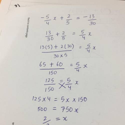 What is the solution to the equation below -5/4 x + 2/5 equals -13 / 30​