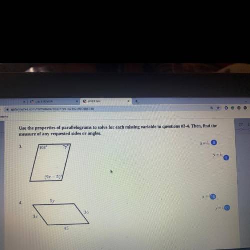 I need help finding the x and y using the properties of parallelograms.