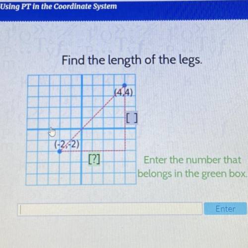Please helppp

Find the length of the legs.
(4,4)
(-2,-2)
[?]
Enter the number that
belongs in the
