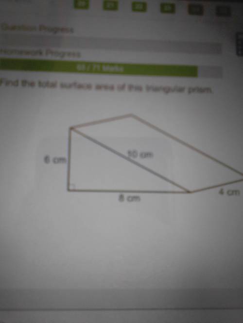 Find the total surface area of this triangular prism. 
10cm 
6 cm 
4cm 
8 cm