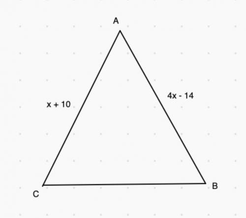 ABC is an isosceles triangle. Z A is the vertex angle, AB = 4x – 14 and AC = x + 10. Find the length