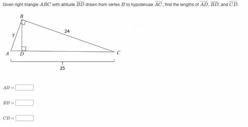 20 points!! Brainliest! Help please.

Given right triangle ABC with altitude BD¯¯¯¯¯¯¯¯ drawn from