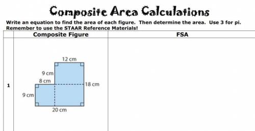 Write an equation to find the area of each figure. Then determine the area. Use 3 for pi.