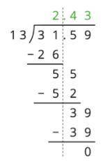 Here is how Han found 31.59 ÷ 13. At the second step, Han subtracts 52 from 55. How do you know tha