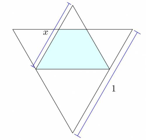 A large equilateral triangle has sides 1m and a smaller equilateral triangle has sides x m, 0≤x≤1.