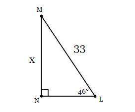 In ΔLMN, the measure of ∠N=90°, the measure of ∠L=46°, and LM = 33 feet. Find the length of MN to t