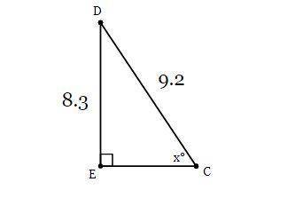 In ΔCDE, the measure of ∠E=90°, CD = 9.2 feet, and DE = 8.3 feet. Find the measure of ∠C to the nea