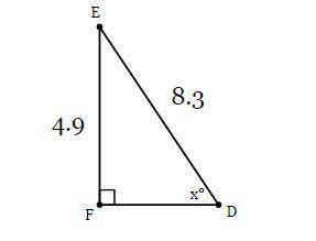 In ΔDEF, the measure of ∠F=90°, EF = 4.9 feet, and DE = 8.3 feet. Find the measure of ∠D to the nea