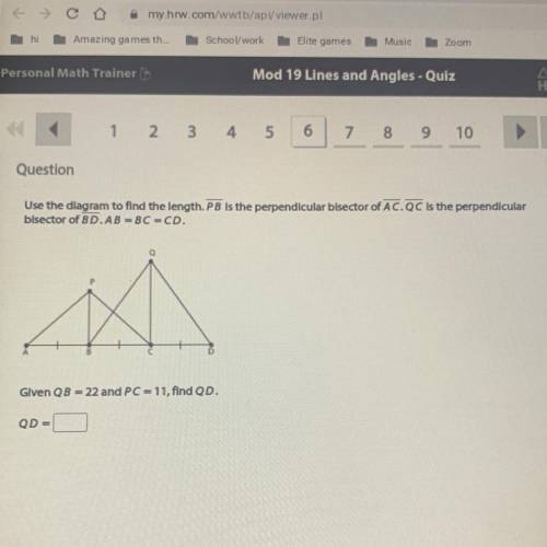 Question

Use the diagram to find the length.PB is the perpendicular bisector of AC. QC is the per