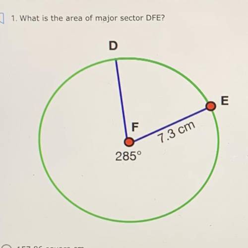 What is the area of major sector DFE?

A. 157.86 square cm
B. 133.94 square cm
C. 132.54 square cm
