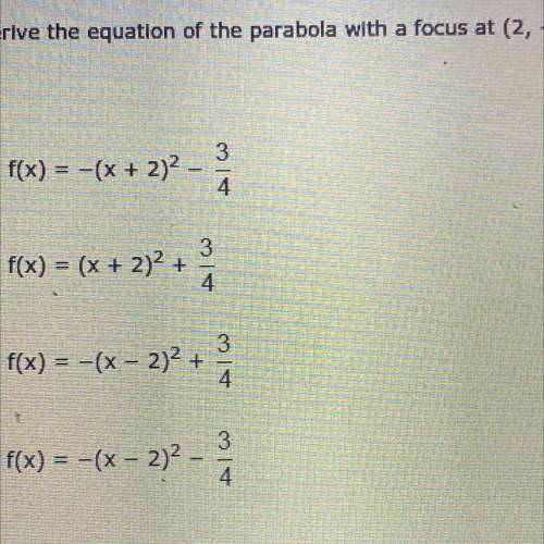 Derive the equation of the parabola with a focus at (2, -1) and a detectors of y= -1/2