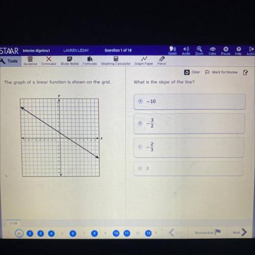 5 Clear

 F
Mork for Review
The graph of a linear function is shown on the grid.
What is the slope