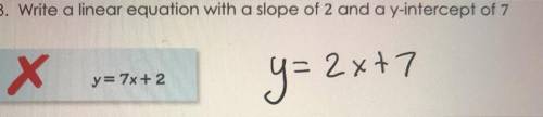 Write a linear equation with a slope of 2 and a y-intercept of 7