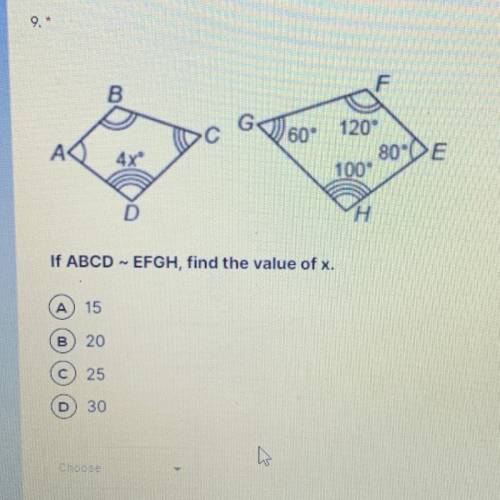 G60°

A А
120°
80E
100
4x
If ABCDEFGH, find the value of x.
15
B) 20
C) 25
30