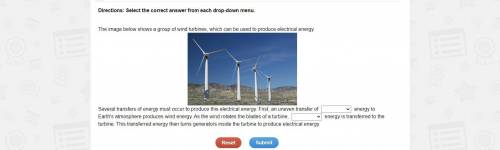 The image below shows a group of wind turbines, which can be used to produce electrical energy.