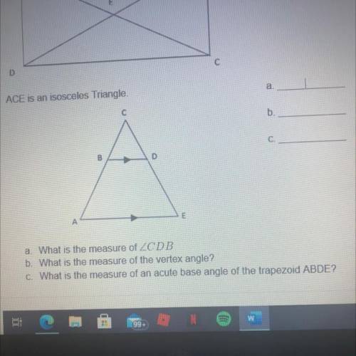 9. ACE is an isosceles triangle. A.What is the measure of angles CDE B.what is the measure of the v