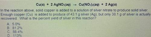 Cu(s) + 2 AgNO3(aq) Cu(NO3)2(aq) + 2 Ag(s)

14. In the reaction above solid copper is added to a s