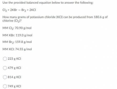 How many grams of potassium chloride (KCl) can be produced from 180.6 g of chlorine (Cl2)?