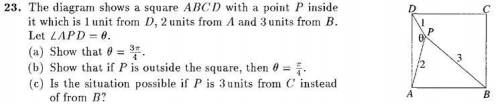 The diagram shows a square ABCD with a point inside it which is 1 unit from D, 2 units from A and 3