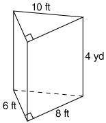 Find the surface area of the following triangular prism.
surface area = ___ ft2