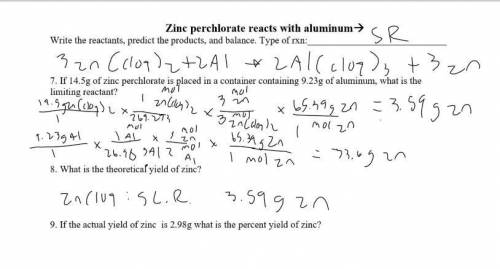 If the actual yield of zinc is 2.98g what is the percent yield of zinc?