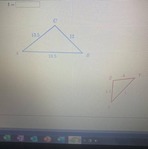 Triangle ABC is similar to triangle XYZ.
Solve for t.