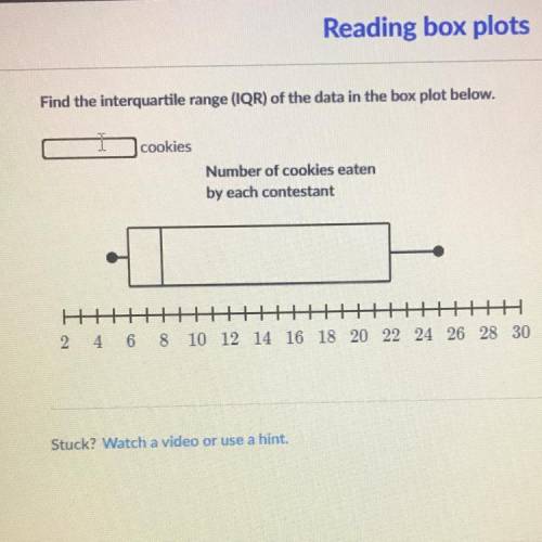Find the interquartile range (IQR) of the data in the box plot below.

cookies
Number of cookies e