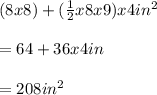 (8x8)+(\frac{1}{2} x8x9)x4in^{2} \\\\=64+36x4 in\\  \\=208 in^2