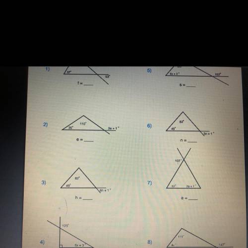 Triangle angle I need help with problem 4,5,6,7,8

4, 123degrees 5x+3 
5, 120 degrees 152 ,6s+2
6,