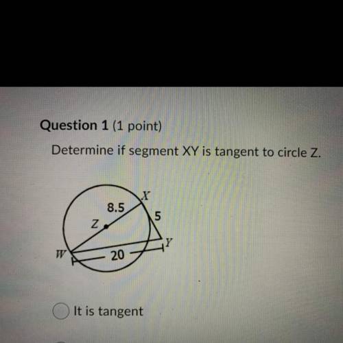 Determine if segment xy is tangent to circle z.