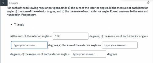 For each of the following regular polygons, find: a) the sum of the interior angles, b) the measure