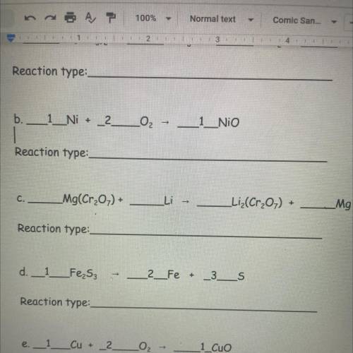 I need help with c balancing and list the type of reaction