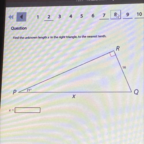 Find the unknown length x in the right triangle, to the nearest tenth.
16
21