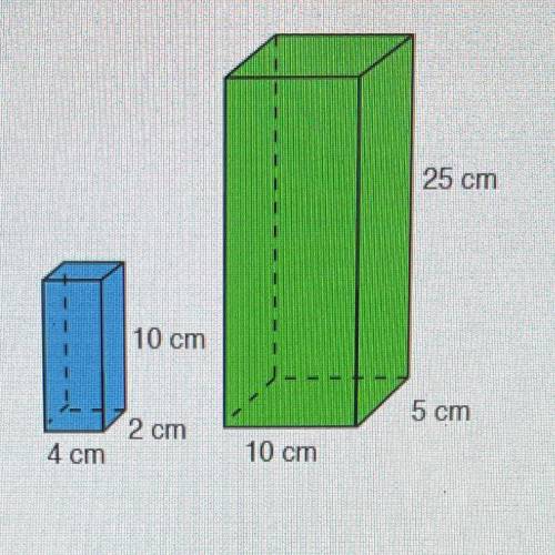 Compare the dimensions of the prisms. How many times greater is the surface area of the green prism