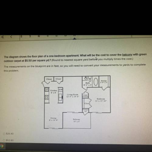 The diagram shows the floor plan of a one-bedroom apartment. What will be the cost to cover the bal