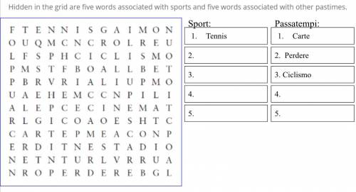 Italian word search. Find sports and passatempi. I already found a few but I'm struggling with the