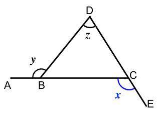 A, B & C lie on a straight line. D, C & E lie on a different straight line.Angle y = 102° a