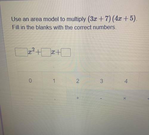 Use an area model to multiply (3x+7)(4x+5).
Fill in the blanks with the correct numbers.