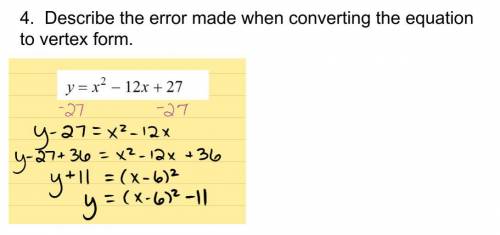 Describe the error made when converting the equation to vertex form.