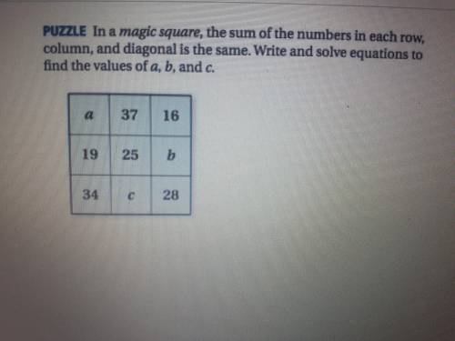 In an magic square, the sum of the numbers in each row, colunan, and diagonal is the same. Write an