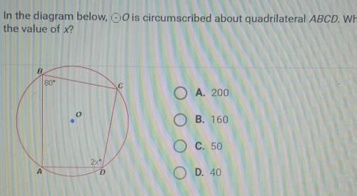 In the diagram below, O0 is circumscribed about quadrilateral ABCD. What is the value of x?

A. 20
