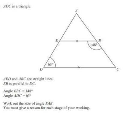 ADC is a triangle.

AED and ABC are straight lines. 
EB is parallel to DC. 
Angle EBC=148°
Angle A