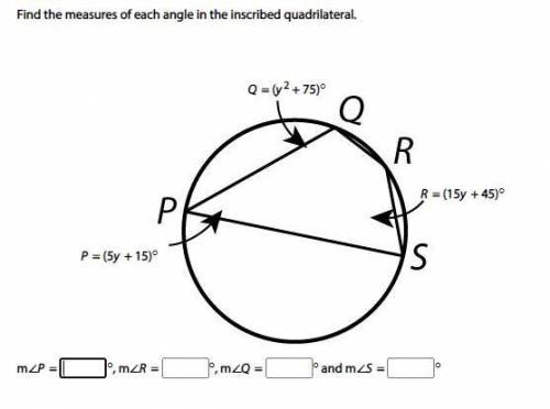 Find the measure of each angle in the inscribed quadrilateral.

m∠P = °
m∠R = °
m∠Q = °
m∠S = °