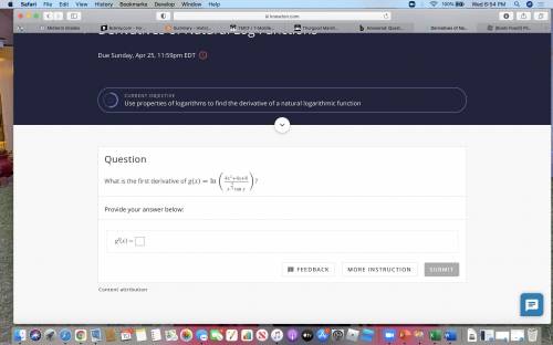 What is the first derivative of g(x)=ln(4x^2+4x+8/x^4/3 tanx)?